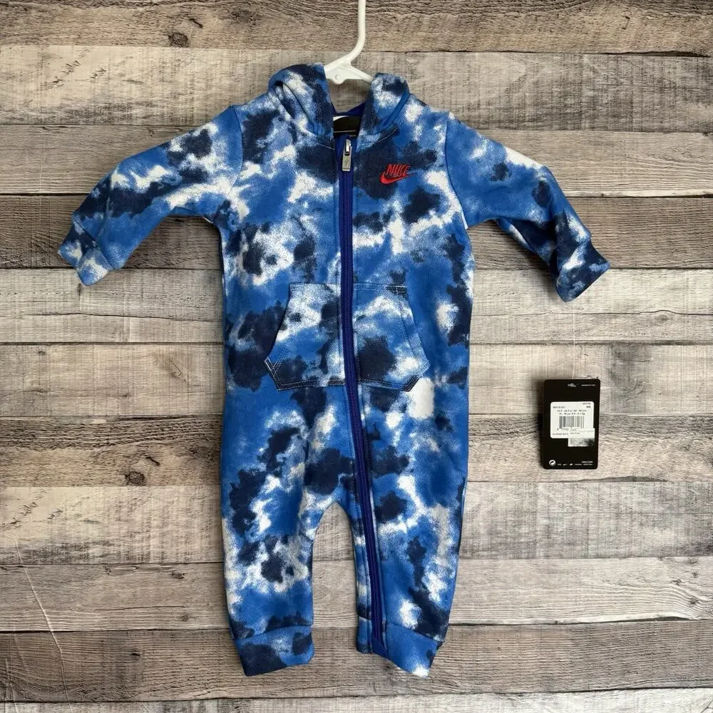 Nike Infant Boys Blue Camo Full Zip Hooded Fleece Romper 6 Months NEW
